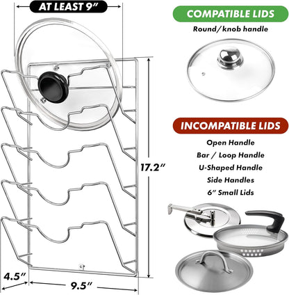Wall Door Mounted Pot Lid Rack Organizer, Chrome Finish | 9.5" W x 4.5" D x 17.2" H Shelf