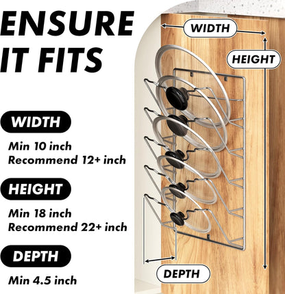 Wall Door Mounted Pot Lid Rack Organizer, Chrome Finish | 9.5" W x 4.5" D x 17.2" H Shelf
