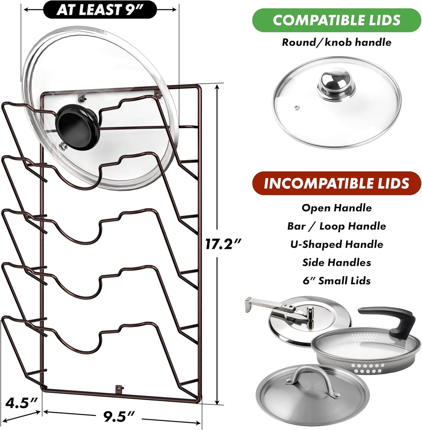 Wall Door Mounted Pot Lid Rack Organizer, Chrome Finish | 9.5" W x 4.5" D x 17.2" H Shelf