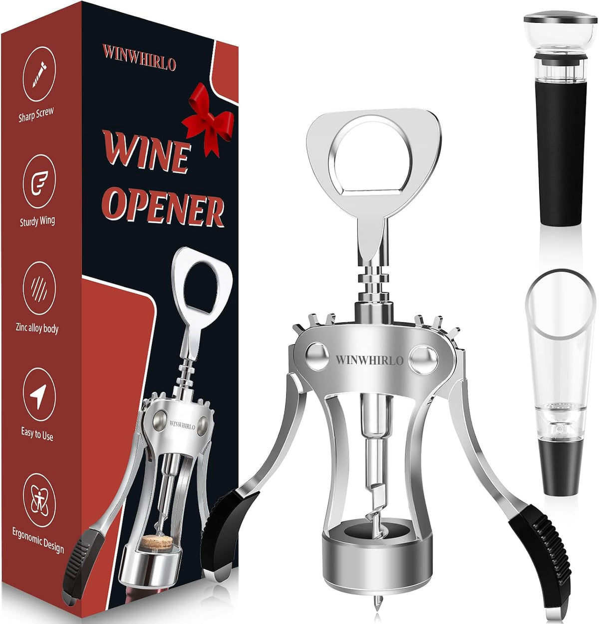 Wine Bottle Opener Gift Set, Zinc Alloy Wing Corkscrew with Vacuum Stopper & Aerator Pourer, Multifunctional Wine Corkscrew for Kitchen, Bar, Party, Camping, BBQ, Wedding, Dinner Gathering