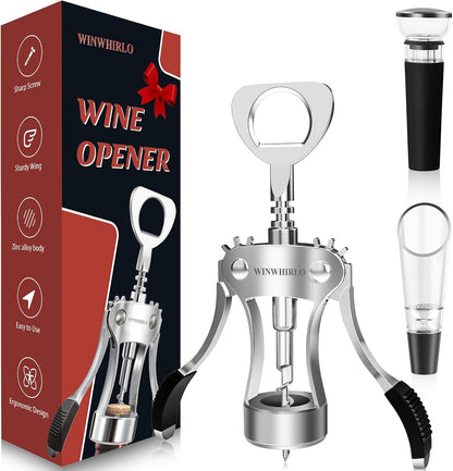 Wine Bottle Opener Gift Set, Zinc Alloy Wing Corkscrew with Vacuum Stopper & Aerator Pourer, Multifunctional Wine Corkscrew for Kitchen, Bar, Party, Camping, BBQ, Wedding, Dinner Gathering