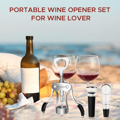 Wine Bottle Opener Gift Set, Zinc Alloy Wing Corkscrew with Vacuum Stopper & Aerator Pourer, Multifunctional Wine Corkscrew for Kitchen, Bar, Party, Camping, BBQ, Wedding, Dinner Gathering