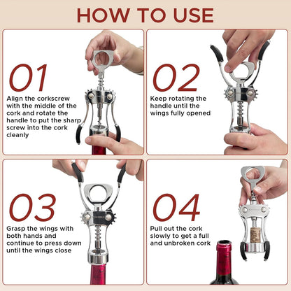 Wine Bottle Opener Gift Set, Zinc Alloy Wing Corkscrew with Vacuum Stopper & Aerator Pourer, Multifunctional Wine Corkscrew for Kitchen, Bar, Party, Camping, BBQ, Wedding, Dinner Gathering