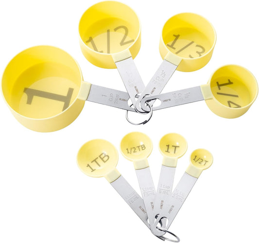 Easy to Read Measuring Cups & Spoons Set for Visually Impaired, Stackable Cups and Spoons, Nesting Measure Cups with Stainless Steel Handle (Yellow)