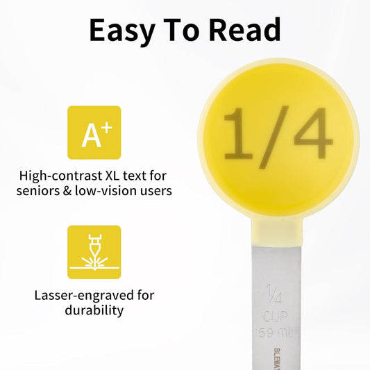 Easy to Read Measuring Cups & Spoons Set for Visually Impaired, Stackable Cups and Spoons, Nesting Measure Cups with Stainless Steel Handle (Yellow)