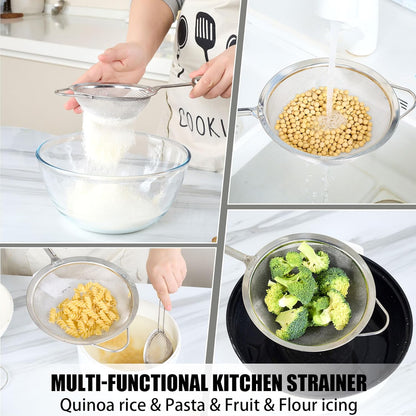 Stainless Steel Fine Mesh Strainer Set – 18/10 Strainer for Kitchen, For Pasta, Rice, Flour & Tea – Reinforced Handle, Hook Rest, Heat-Safe Grip, Dishwasher Safe (3 Sizes 12/14/18cm, 40 Mesh)