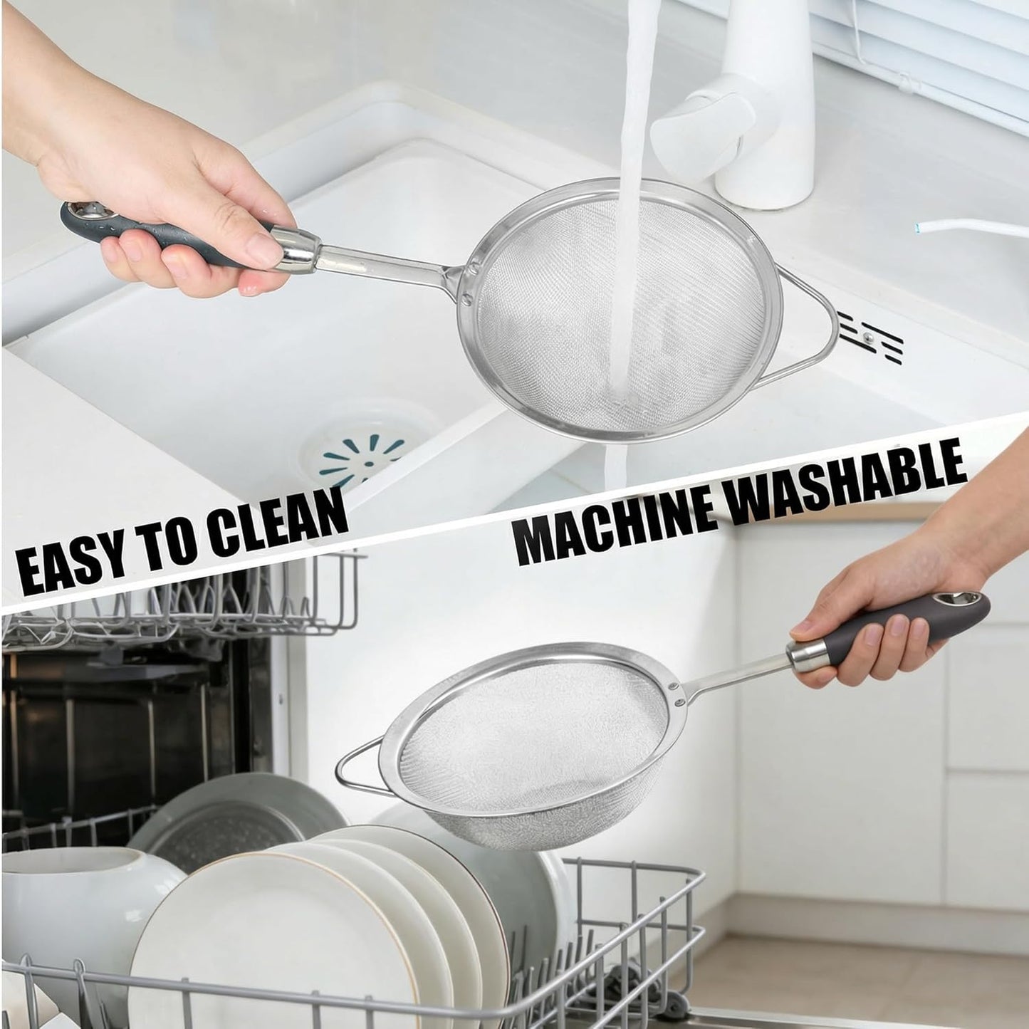 Stainless Steel Fine Mesh Strainer Set – 18/10 Strainer for Kitchen, For Pasta, Rice, Flour & Tea – Reinforced Handle, Hook Rest, Heat-Safe Grip, Dishwasher Safe (3 Sizes 12/14/18cm, 40 Mesh)