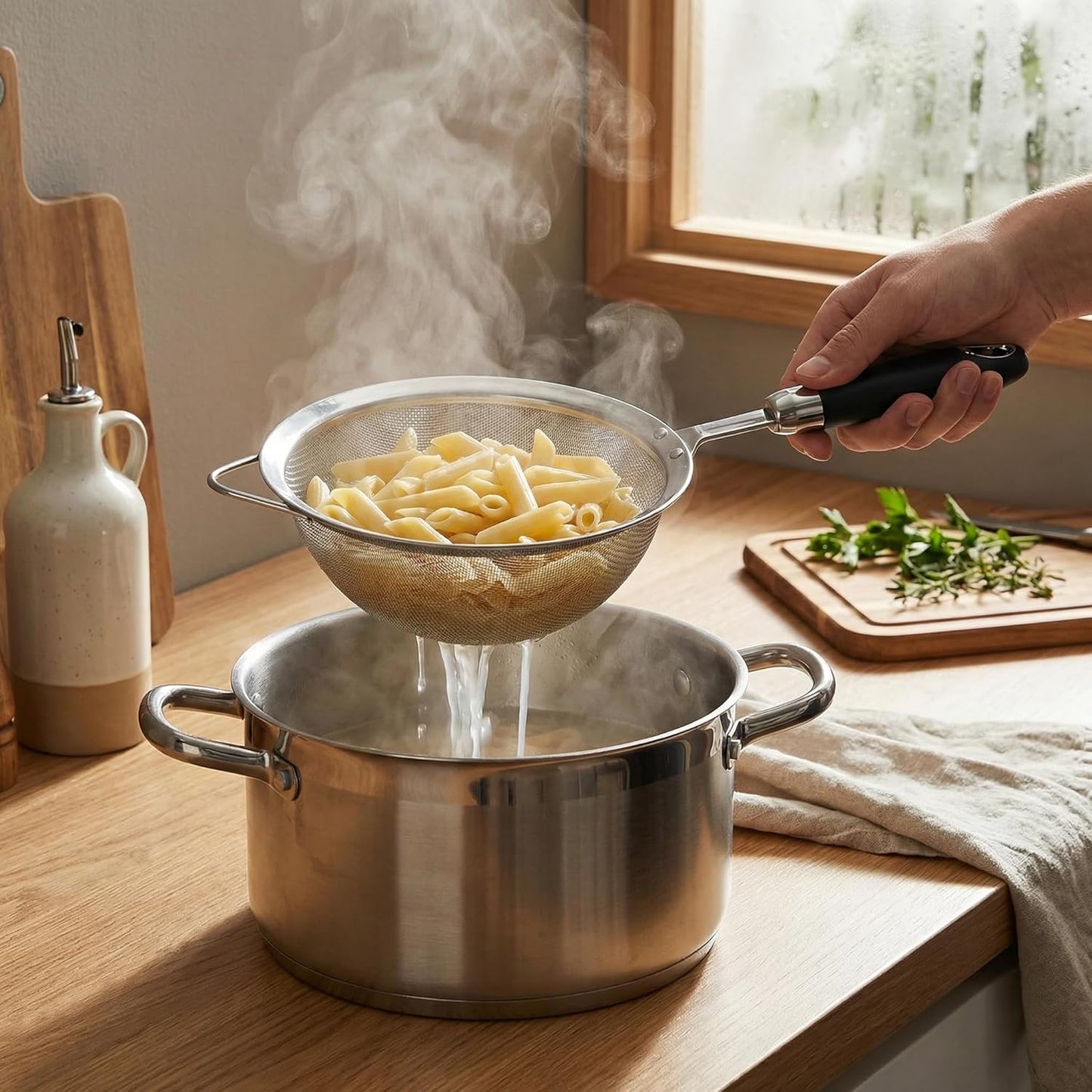 Stainless Steel Fine Mesh Strainer Set – 18/10 Strainer for Kitchen, For Pasta, Rice, Flour & Tea – Reinforced Handle, Hook Rest, Heat-Safe Grip, Dishwasher Safe (3 Sizes 12/14/18cm, 40 Mesh)