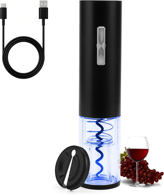 USB Rechargeable Electric Wine Bottle Opener with Foil Cutter | Type-C Rechargerable One-click Button Corkscrew Remover with Blue Led Indicator Light for Home Kitchen Party Wedding Black