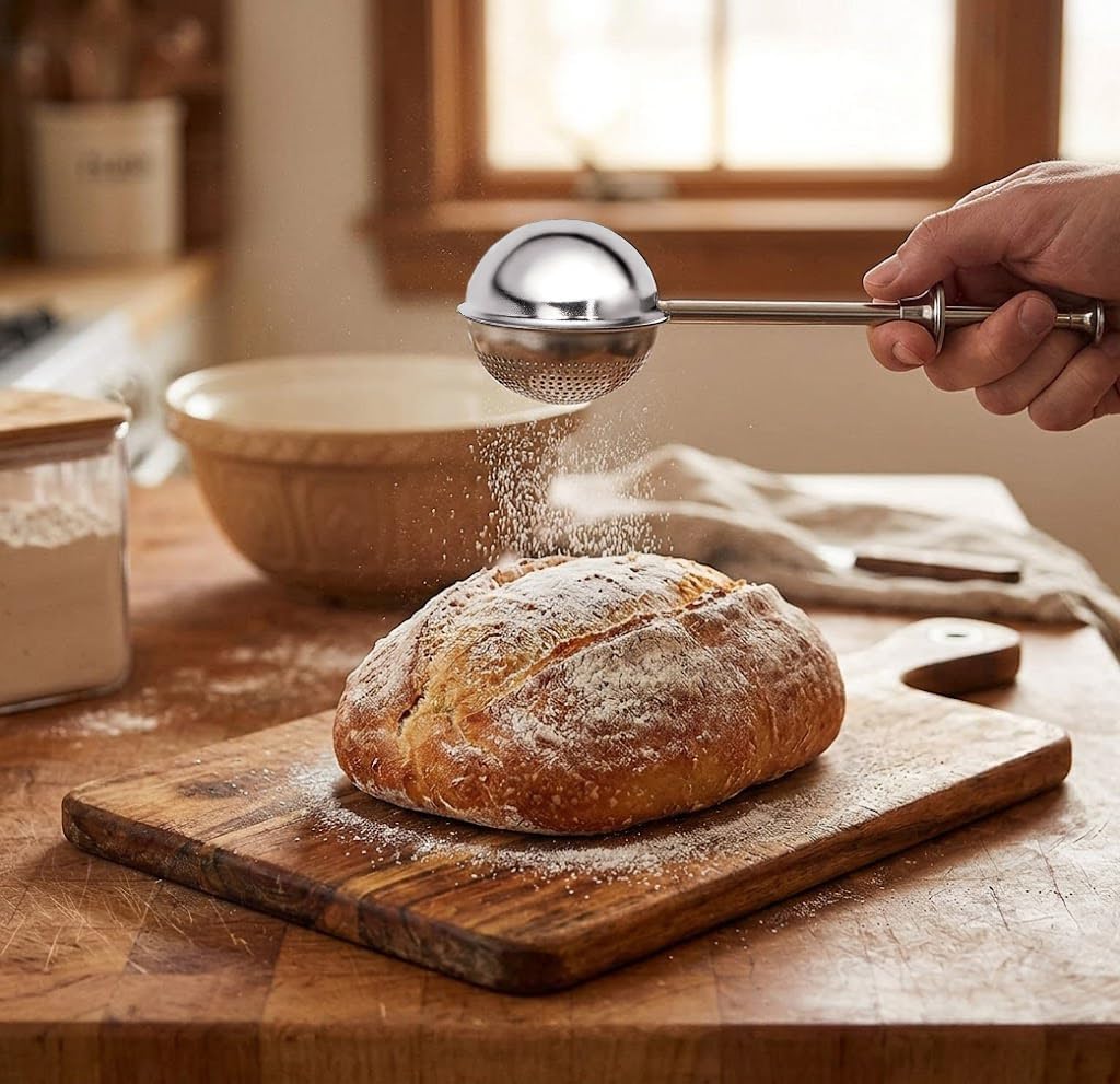 Powdered sugar shaker duster, flour dispenser for bread baking, rice flour sifter, sourdough bread baking supplies, versatile flour duster for baking, ideal for powdered sugar and flour distribution