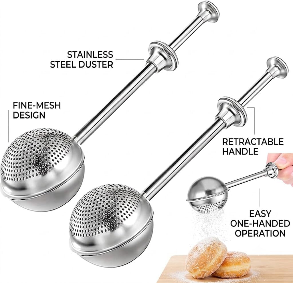 Powdered sugar shaker duster, flour dispenser for bread baking, rice flour sifter, sourdough bread baking supplies, versatile flour duster for baking, ideal for powdered sugar and flour distribution