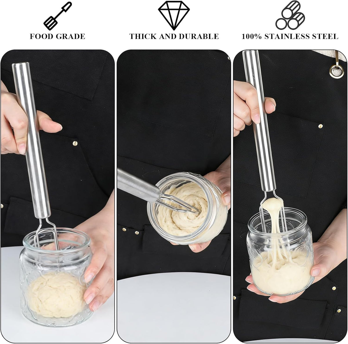 Dough Whisk for Sourdough Starter Stainless Steel Sourdough Starter Stirring Reaches Jar Bottom Dough Hand Mixer Bread Whisk Tool for Pizza Bread Cake Mixing Cooking
