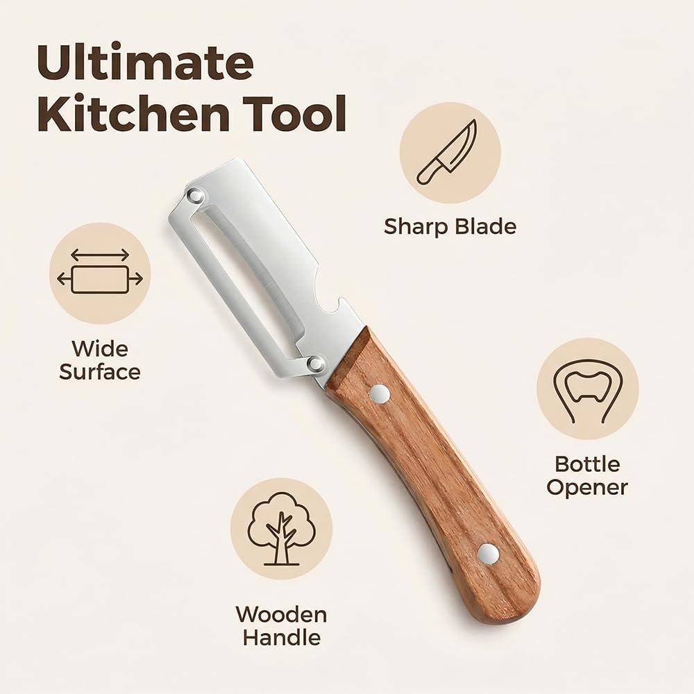 Premium Vegetable Peeler with Wooden Handle and Bottle Opener: 2-in-1 Stainless Steel Kitchen Tool for Fruit Apple Potato Pumpkin Papaya (1 PCS)