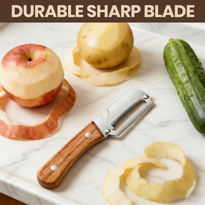 Premium Vegetable Peeler with Wooden Handle and Bottle Opener: 2-in-1 Stainless Steel Kitchen Tool for Fruit Apple Potato Pumpkin Papaya (1 PCS)