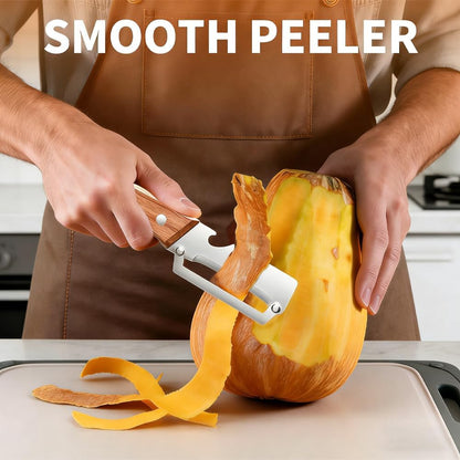 Premium Vegetable Peeler with Wooden Handle and Bottle Opener: 2-in-1 Stainless Steel Kitchen Tool for Fruit Apple Potato Pumpkin Papaya (1 PCS)