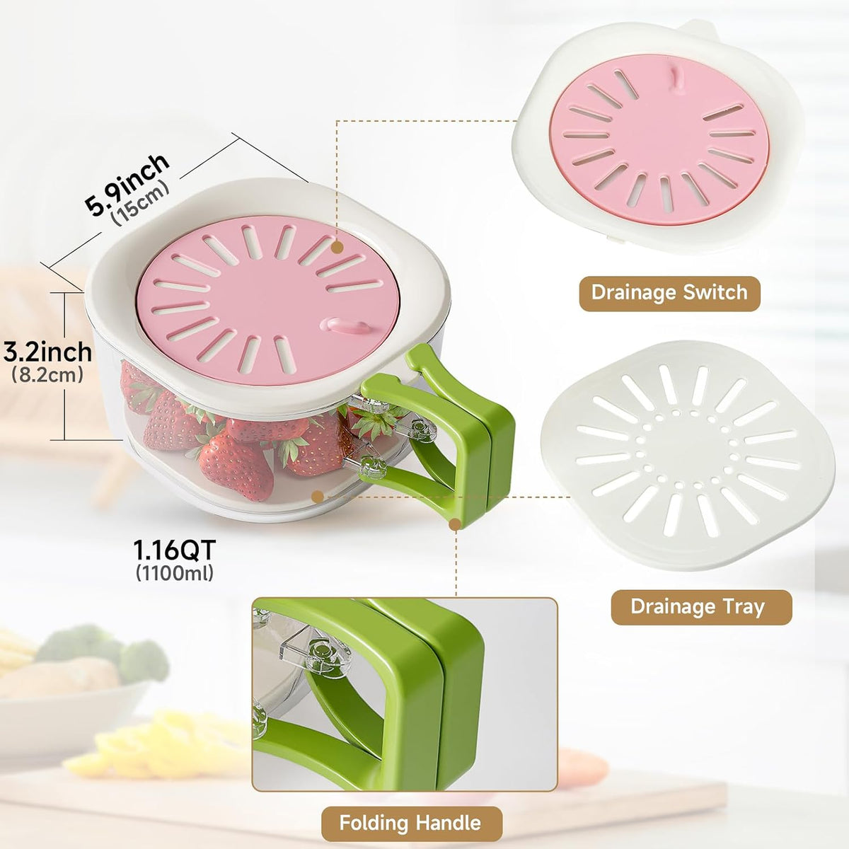 Fruit Vegetable Washing Bowl with Strainer, Multifunctional Produce Washer, Berry Container, Lettuce Keeper for Fridge Refrigerator Organization, Portable Strainers and Colander for Kitchen