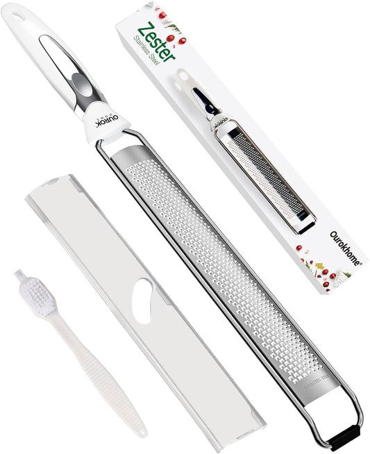 Kitchen Lemon Zester, Stainless Steel Hand Held Parmesan Cheese Grater for Ginger, Chocolate, Coconut, Lime, Nutmeg, Citrus, Fruit, Vegetable with Cleaning Brush, Dishwasher safe, White