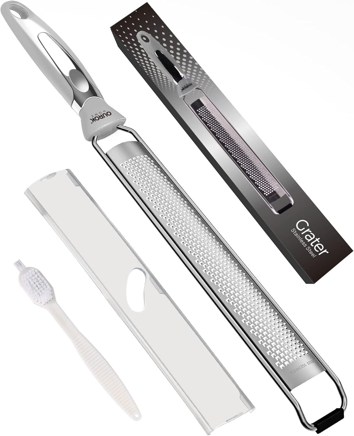 Kitchen Lemon Zester, Stainless Steel Hand Held Parmesan Cheese Grater for Ginger, Chocolate, Coconut, Lime, Nutmeg, Citrus, Fruit, Vegetable with Cleaning Brush, Dishwasher safe, White