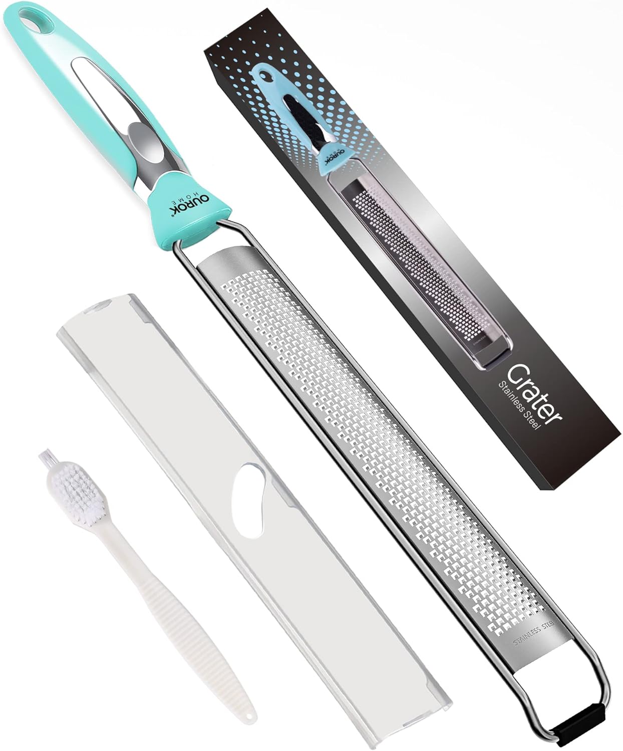 Kitchen Lemon Zester, Stainless Steel Hand Held Parmesan Cheese Grater for Ginger, Chocolate, Coconut, Lime, Nutmeg, Citrus, Fruit, Vegetable with Cleaning Brush, Dishwasher safe, White