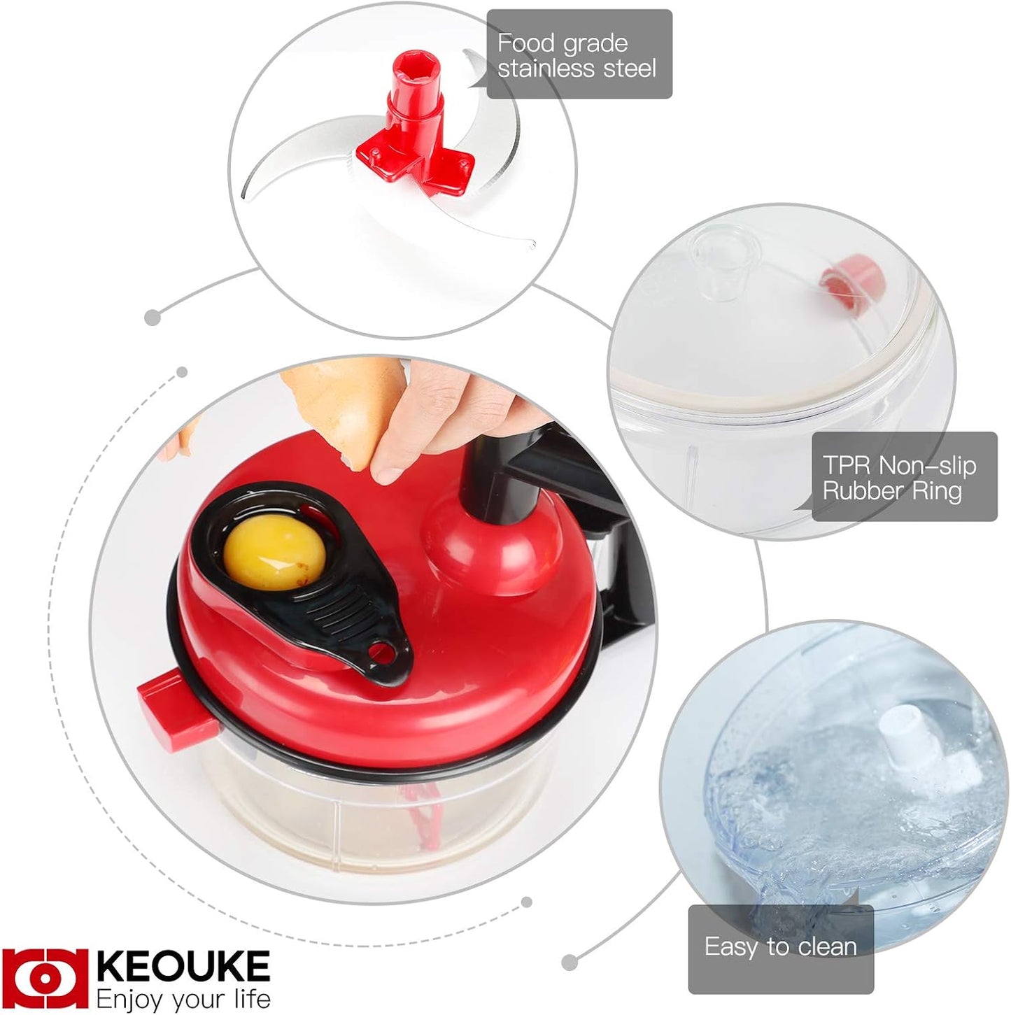 Hand Crank Food Chopper Red - Manual Food Processor with Egg Separator, Labor-Saving, Easy to Clean, Large Vegetable Mixer Blender for Onion, Garlic, Salad, Salsa, Nuts, Meat, Fruit, etc
