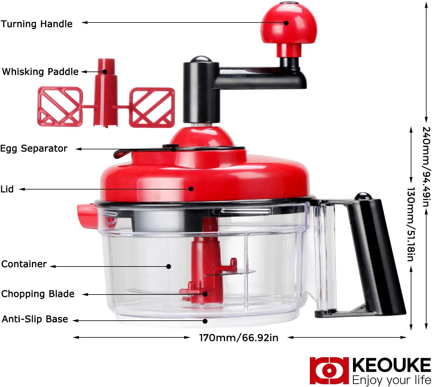 Hand Crank Food Chopper Red - Manual Food Processor with Egg Separator, Labor-Saving, Easy to Clean, Large Vegetable Mixer Blender for Onion, Garlic, Salad, Salsa, Nuts, Meat, Fruit, etc