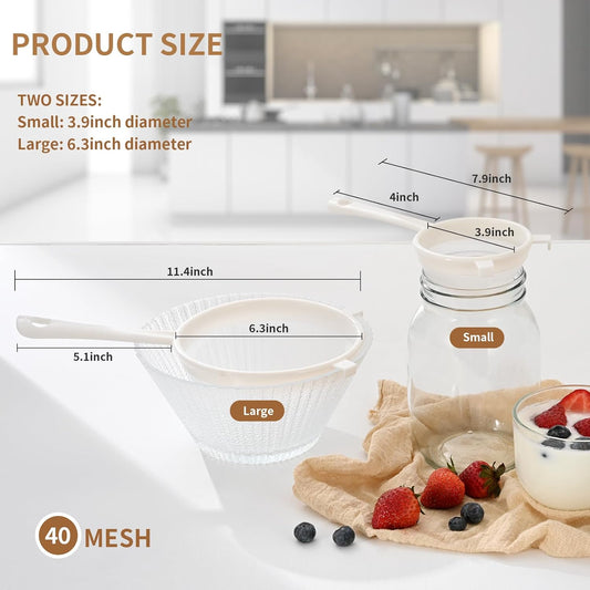 Kefir Strainer Set, 2-Size Plastic Non-Metal Sieve with Fine Mesh | 6.3" & 3.9" Diameter Double-size for Kefir Grains, Milk Kefir, Water Kefir & Kombucha - Durable, Food Grade & Easy Clean