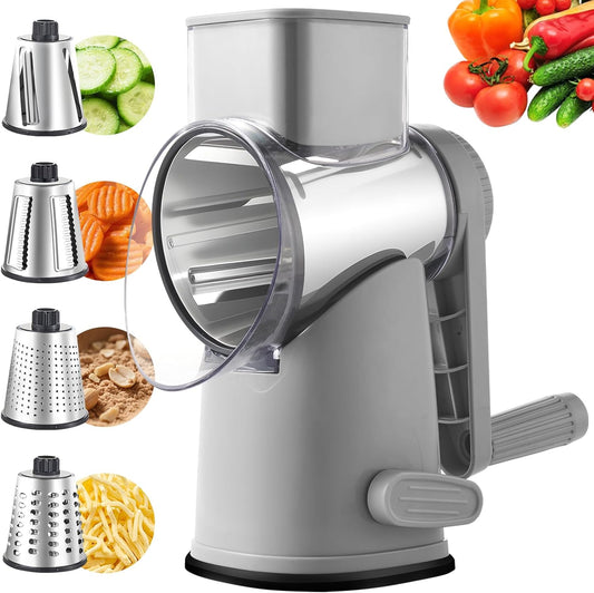 4 in 1 Large Rotary Cheese Grater Hand Crank (Grey, 4 Graters) | Cheese Shredder Rotary and Slicer with 4 Stainless Steel Blades for Vegetables, Veggie and Cheese, Stronger Suction Base