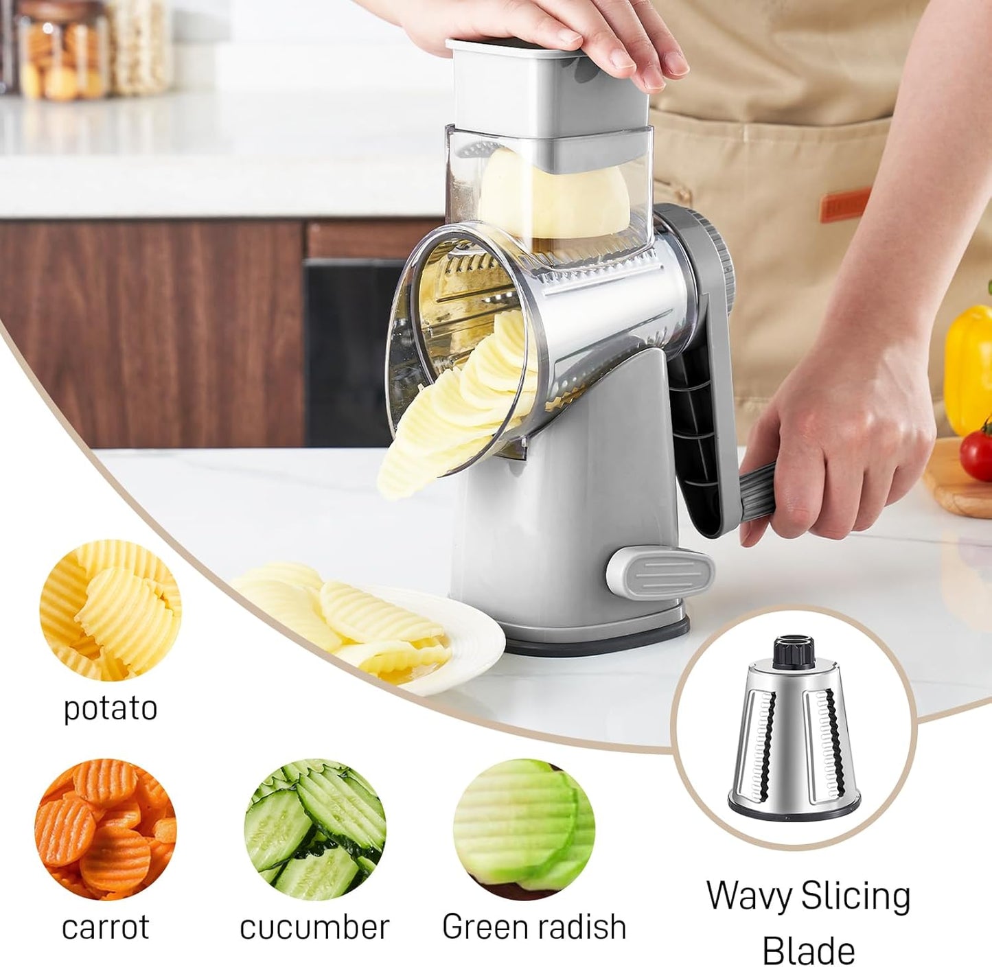 4 in 1 Large Rotary Cheese Grater Hand Crank (Grey, 4 Graters) | Cheese Shredder Rotary and Slicer with 4 Stainless Steel Blades for Vegetables, Veggie and Cheese, Stronger Suction Base