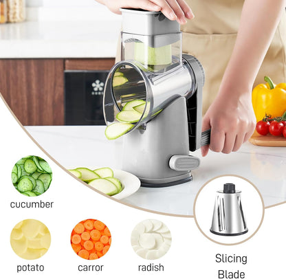4 in 1 Large Rotary Cheese Grater Hand Crank (Grey, 4 Graters) | Cheese Shredder Rotary and Slicer with 4 Stainless Steel Blades for Vegetables, Veggie and Cheese, Stronger Suction Base