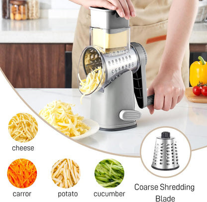 4 in 1 Large Rotary Cheese Grater Hand Crank (Grey, 4 Graters) | Cheese Shredder Rotary and Slicer with 4 Stainless Steel Blades for Vegetables, Veggie and Cheese, Stronger Suction Base