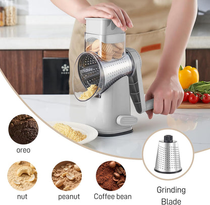 4 in 1 Large Rotary Cheese Grater Hand Crank (Grey, 4 Graters) | Cheese Shredder Rotary and Slicer with 4 Stainless Steel Blades for Vegetables, Veggie and Cheese, Stronger Suction Base