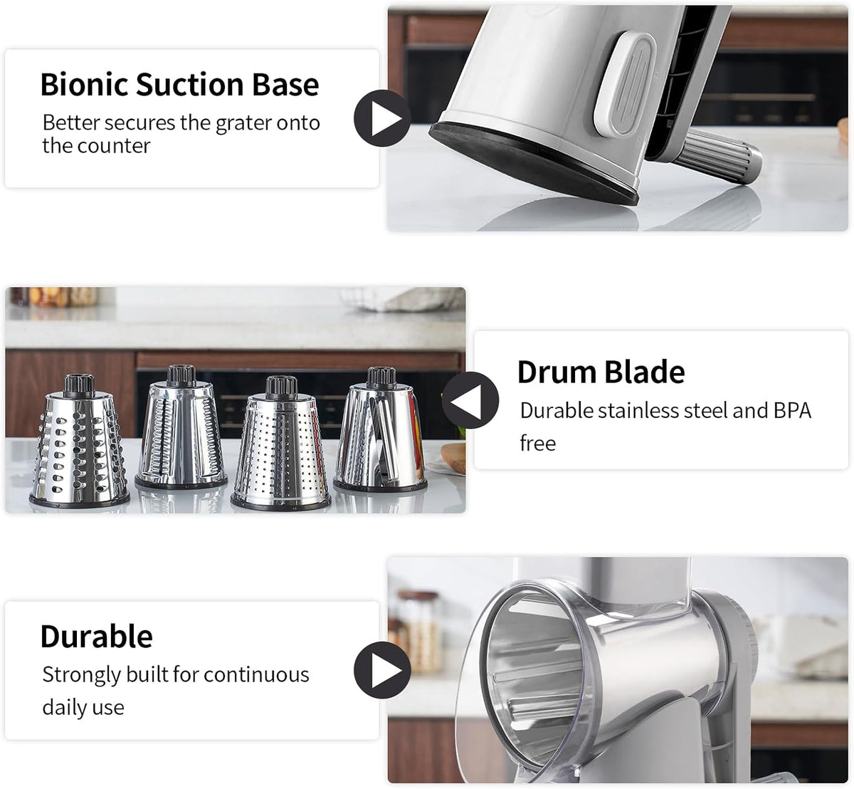 4 in 1 Large Rotary Cheese Grater Hand Crank (Grey, 4 Graters) | Cheese Shredder Rotary and Slicer with 4 Stainless Steel Blades for Vegetables, Veggie and Cheese, Stronger Suction Base