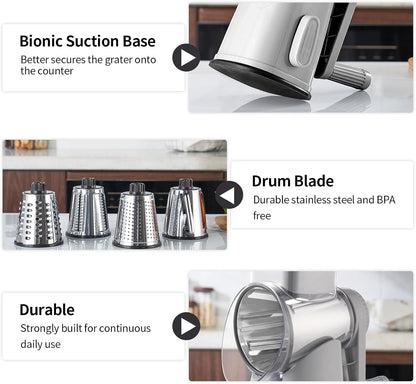 4 in 1 Large Rotary Cheese Grater Hand Crank (Grey, 4 Graters) | Cheese Shredder Rotary and Slicer with 4 Stainless Steel Blades for Vegetables, Veggie and Cheese, Stronger Suction Base