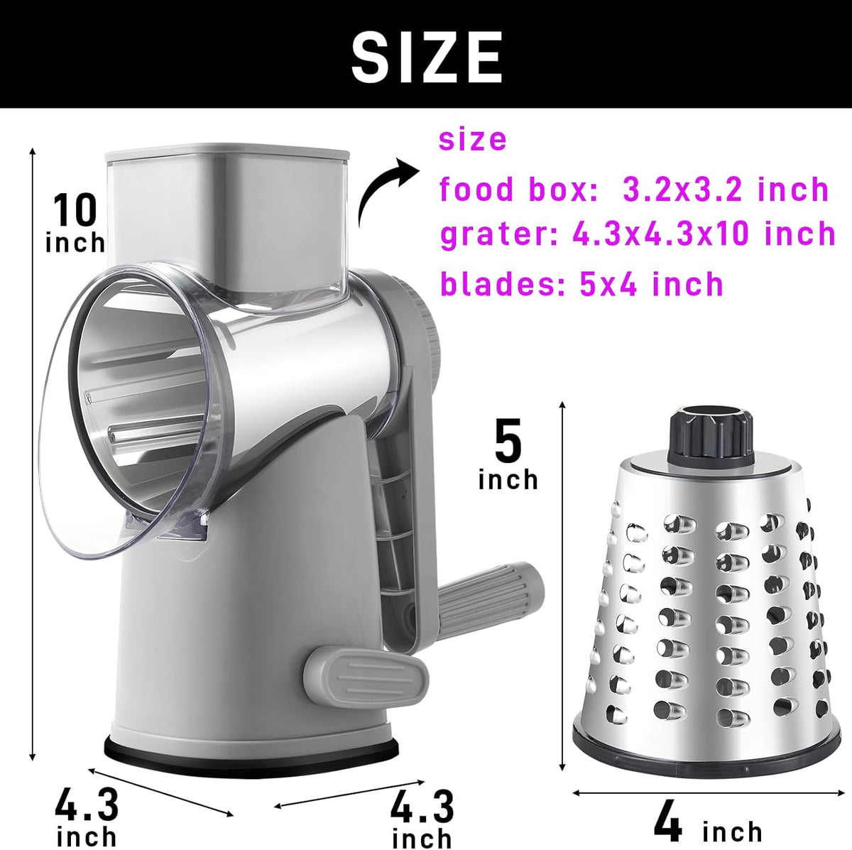 4 in 1 Large Rotary Cheese Grater Hand Crank (Grey, 4 Graters) | Cheese Shredder Rotary and Slicer with 4 Stainless Steel Blades for Vegetables, Veggie and Cheese, Stronger Suction Base
