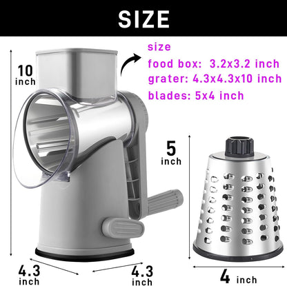 4 in 1 Large Rotary Cheese Grater Hand Crank (Grey, 4 Graters) | Cheese Shredder Rotary and Slicer with 4 Stainless Steel Blades for Vegetables, Veggie and Cheese, Stronger Suction Base