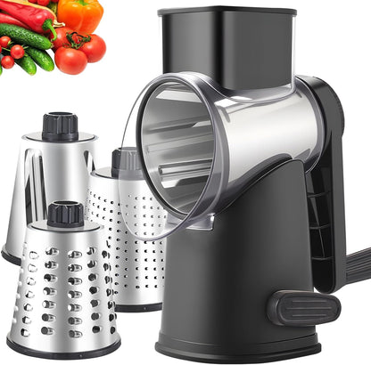 4 in 1 Large Rotary Cheese Grater Hand Crank (Grey, 4 Graters) | Cheese Shredder Rotary and Slicer with 4 Stainless Steel Blades for Vegetables, Veggie and Cheese, Stronger Suction Base