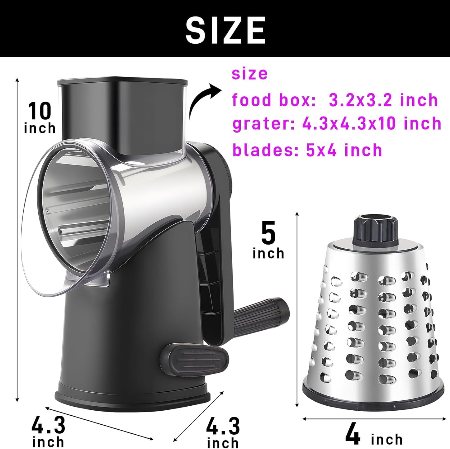 4 in 1 Large Rotary Cheese Grater Hand Crank (Grey, 4 Graters) | Cheese Shredder Rotary and Slicer with 4 Stainless Steel Blades for Vegetables, Veggie and Cheese, Stronger Suction Base