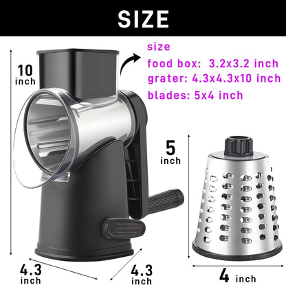 4 in 1 Large Rotary Cheese Grater Hand Crank (Grey, 4 Graters) | Cheese Shredder Rotary and Slicer with 4 Stainless Steel Blades for Vegetables, Veggie and Cheese, Stronger Suction Base
