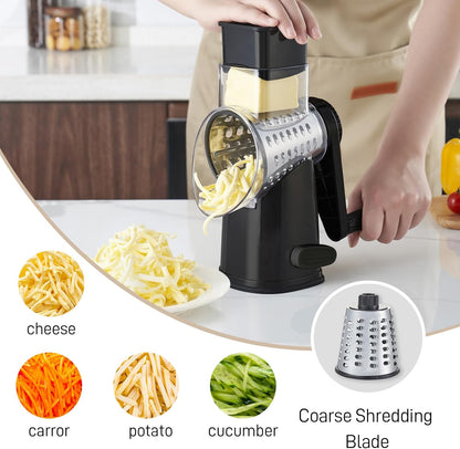 4 in 1 Large Rotary Cheese Grater Hand Crank (Grey, 4 Graters) | Cheese Shredder Rotary and Slicer with 4 Stainless Steel Blades for Vegetables, Veggie and Cheese, Stronger Suction Base