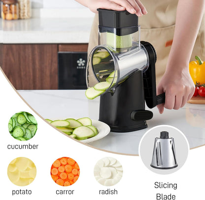 4 in 1 Large Rotary Cheese Grater Hand Crank (Grey, 4 Graters) | Cheese Shredder Rotary and Slicer with 4 Stainless Steel Blades for Vegetables, Veggie and Cheese, Stronger Suction Base