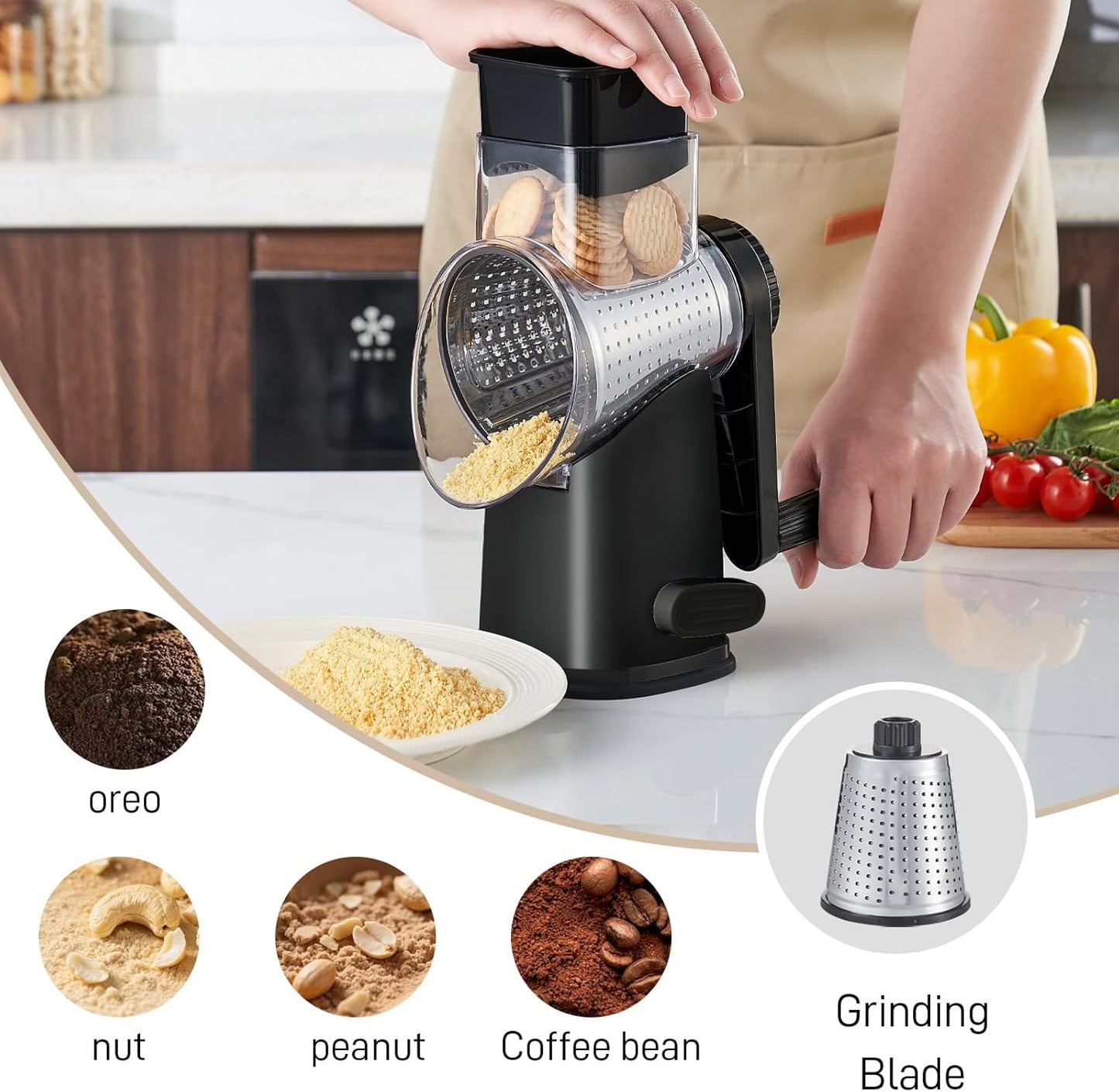 4 in 1 Large Rotary Cheese Grater Hand Crank (Grey, 4 Graters) | Cheese Shredder Rotary and Slicer with 4 Stainless Steel Blades for Vegetables, Veggie and Cheese, Stronger Suction Base