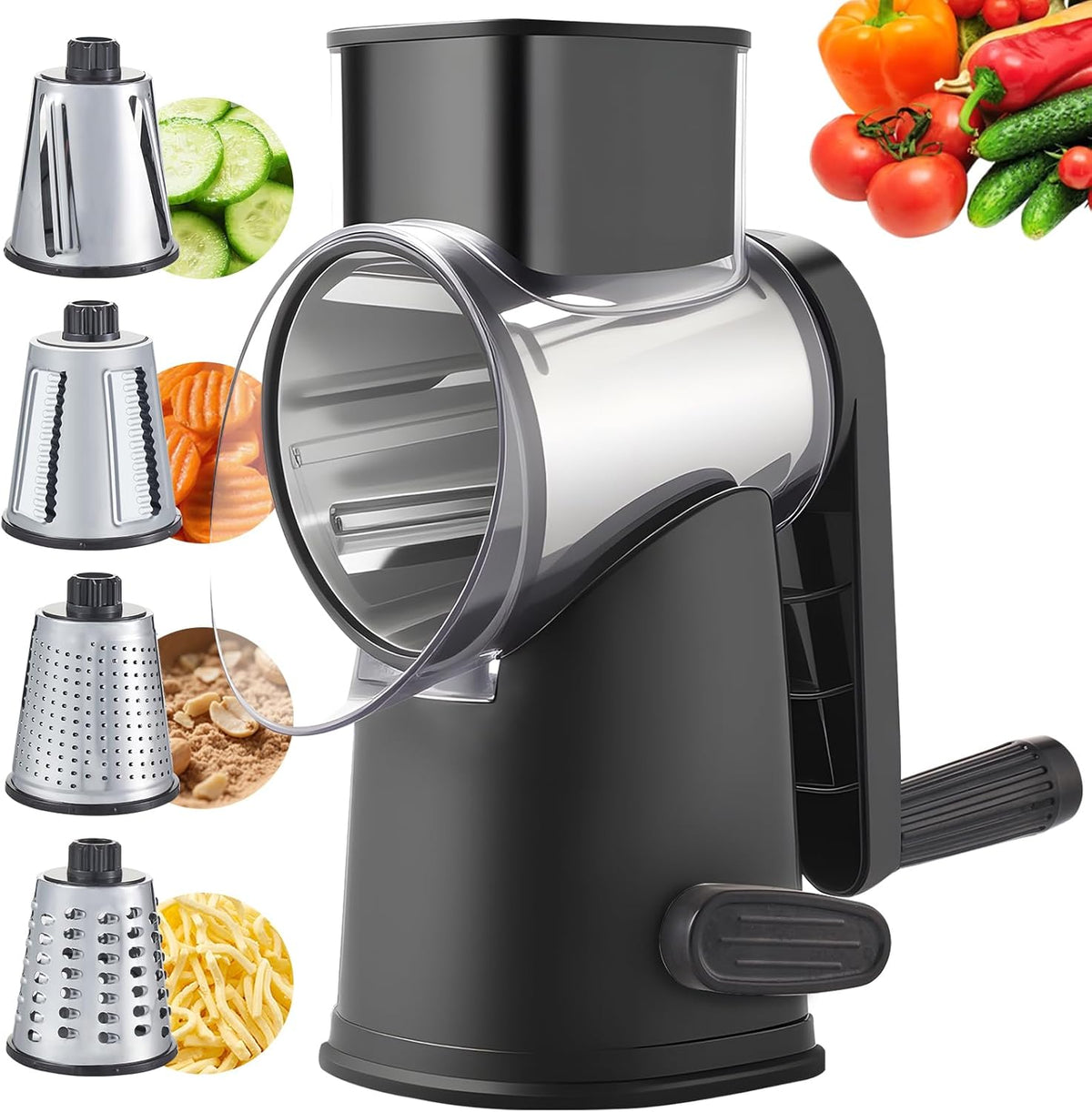 4 in 1 Large Rotary Cheese Grater Hand Crank (Grey, 4 Graters) | Cheese Shredder Rotary and Slicer with 4 Stainless Steel Blades for Vegetables, Veggie and Cheese, Stronger Suction Base
