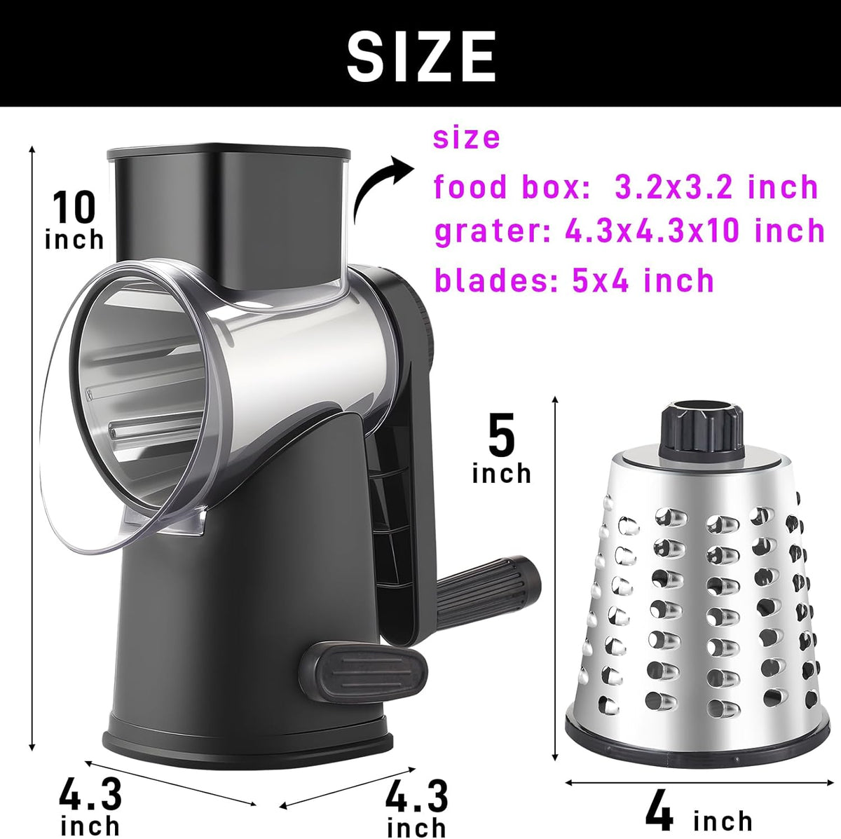 4 in 1 Large Rotary Cheese Grater Hand Crank (Grey, 4 Graters) | Cheese Shredder Rotary and Slicer with 4 Stainless Steel Blades for Vegetables, Veggie and Cheese, Stronger Suction Base