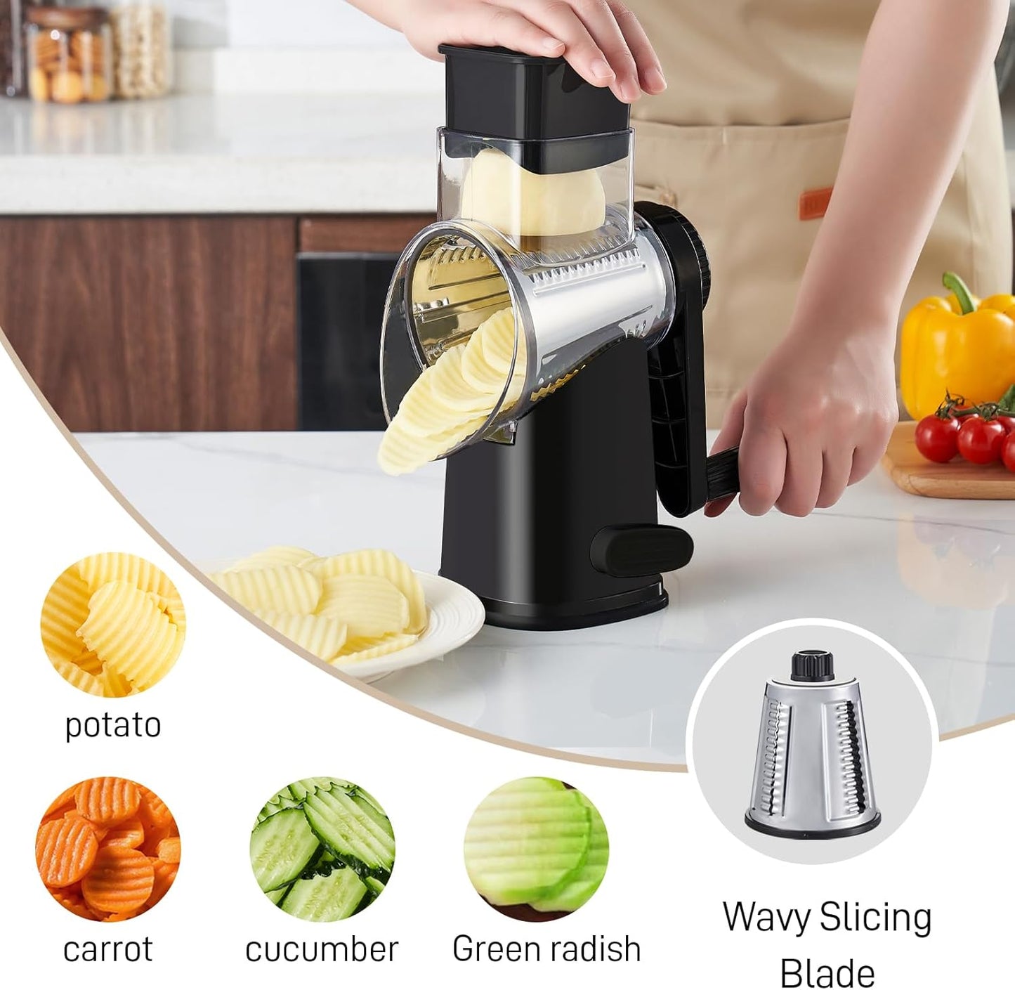 4 in 1 Large Rotary Cheese Grater Hand Crank (Grey, 4 Graters) | Cheese Shredder Rotary and Slicer with 4 Stainless Steel Blades for Vegetables, Veggie and Cheese, Stronger Suction Base