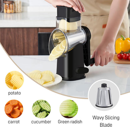 4 in 1 Large Rotary Cheese Grater Hand Crank (Grey, 4 Graters) | Cheese Shredder Rotary and Slicer with 4 Stainless Steel Blades for Vegetables, Veggie and Cheese, Stronger Suction Base