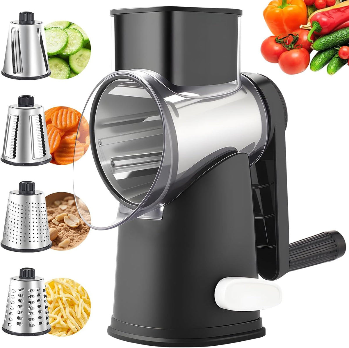 4 in 1 Large Rotary Cheese Grater Hand Crank (Grey, 4 Graters) | Cheese Shredder Rotary and Slicer with 4 Stainless Steel Blades for Vegetables, Veggie and Cheese, Stronger Suction Base