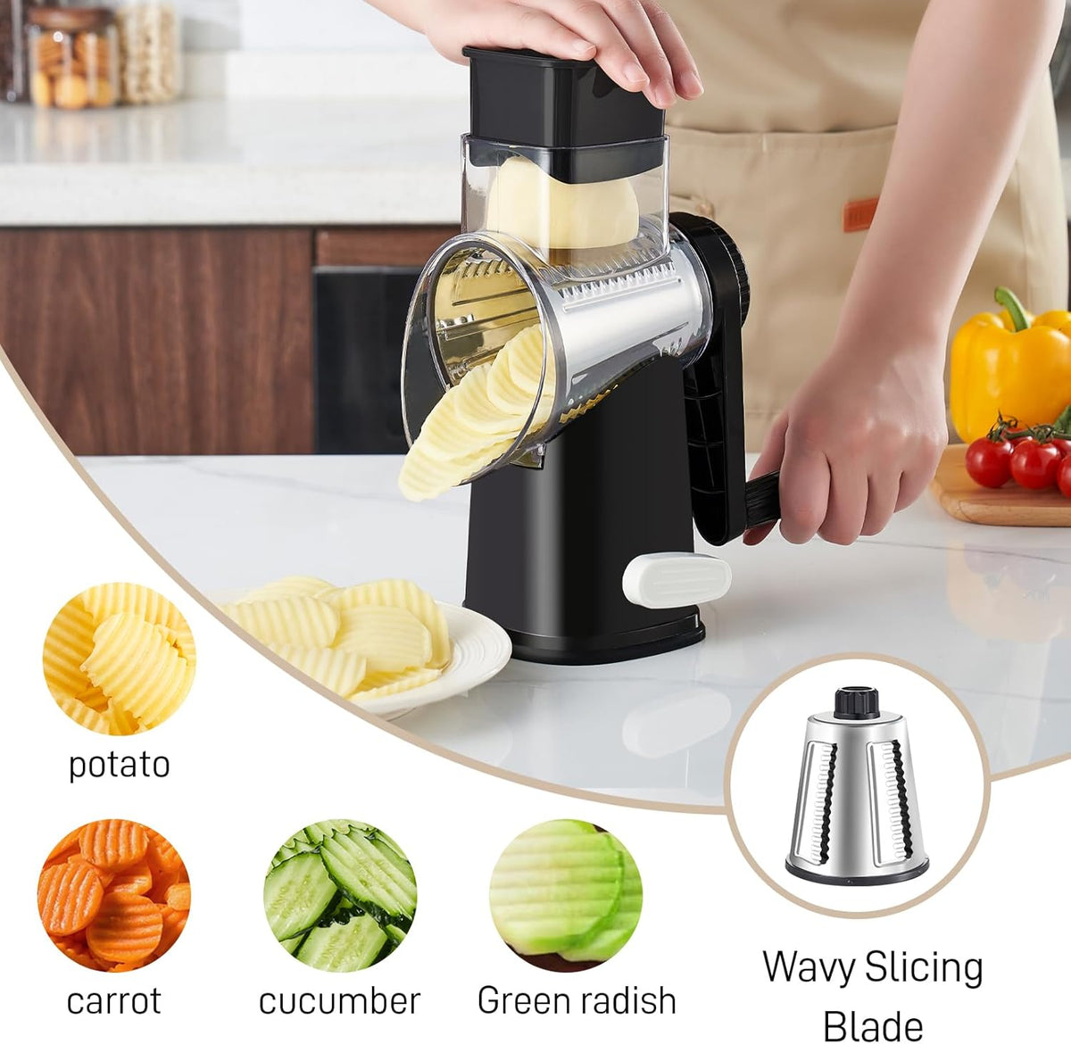 4 in 1 Large Rotary Cheese Grater Hand Crank (Grey, 4 Graters) | Cheese Shredder Rotary and Slicer with 4 Stainless Steel Blades for Vegetables, Veggie and Cheese, Stronger Suction Base