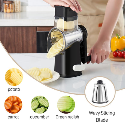 4 in 1 Large Rotary Cheese Grater Hand Crank (Grey, 4 Graters) | Cheese Shredder Rotary and Slicer with 4 Stainless Steel Blades for Vegetables, Veggie and Cheese, Stronger Suction Base