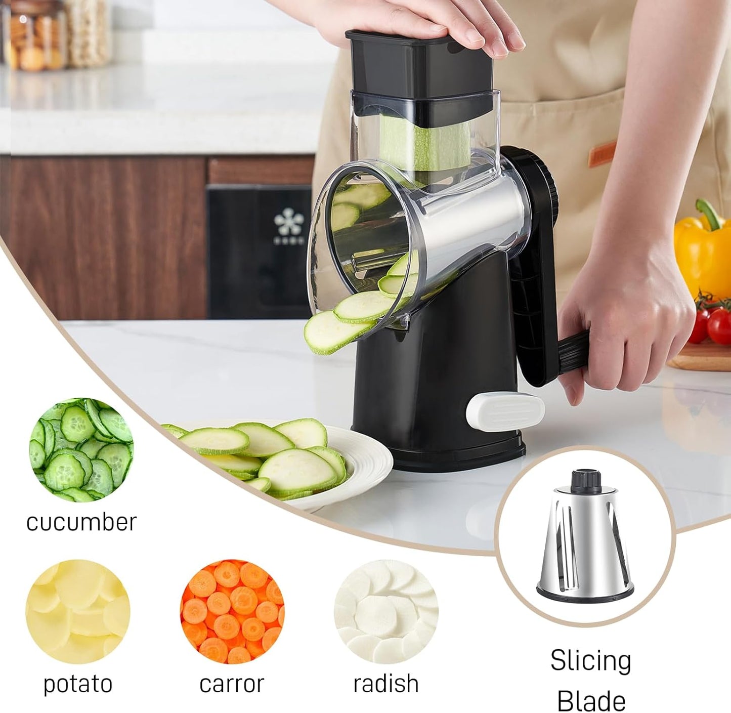 4 in 1 Large Rotary Cheese Grater Hand Crank (Grey, 4 Graters) | Cheese Shredder Rotary and Slicer with 4 Stainless Steel Blades for Vegetables, Veggie and Cheese, Stronger Suction Base
