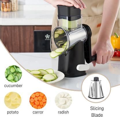 4 in 1 Large Rotary Cheese Grater Hand Crank (Grey, 4 Graters) | Cheese Shredder Rotary and Slicer with 4 Stainless Steel Blades for Vegetables, Veggie and Cheese, Stronger Suction Base